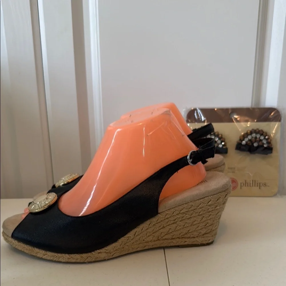 *Lindsay Phillips Black Espadrille Wedges with Peep-Toe & New package of snaps
